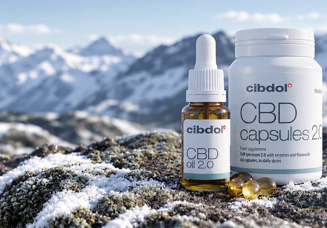 Cibdol CBD oil 2.0 and capsules 2.0 on a mountain ridge